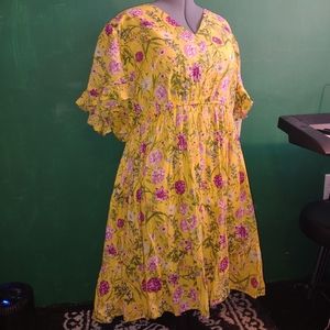 Yellow Pink Floral Flowy V-Neck Dress NWT